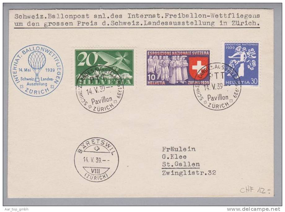 Schweiz 1939-05-14 Int.Ballonflug Landi Nach Bäretswil - First Flight Covers