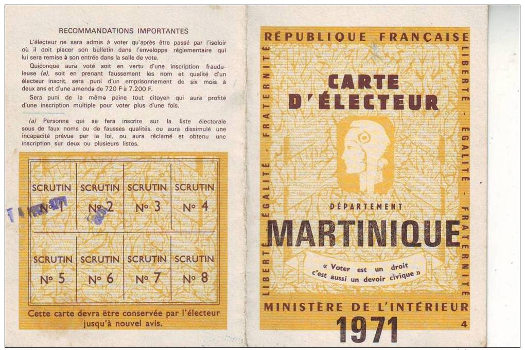 CARTE  D' Electeur   Departement  MARTINIQUE FRANCE  1971.1973.1976.1979..1982 - Sonstige & Ohne Zuordnung