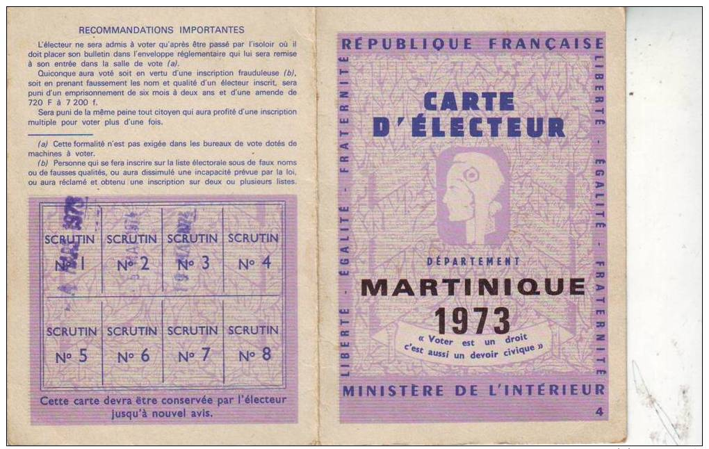 CARTE  D' Electeur   Departement  MARTINIQUE FRANCE  1971.1973.1976.1979..1982 - Sonstige & Ohne Zuordnung