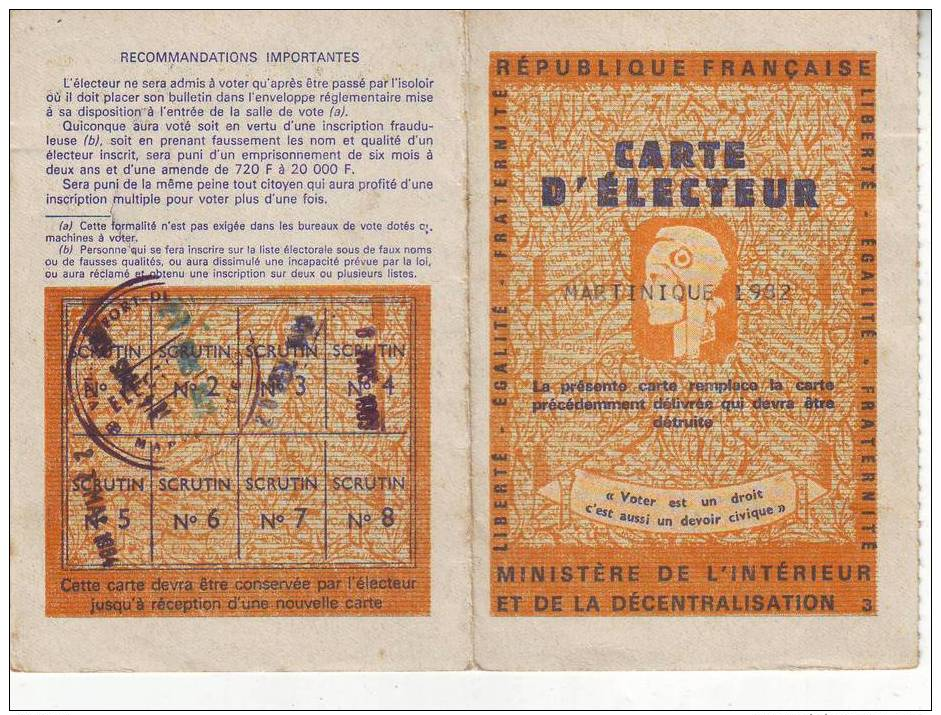 CARTE  D' Electeur   Departement  MARTINIQUE FRANCE  1971.1973.1976.1979..1982 - Sonstige & Ohne Zuordnung