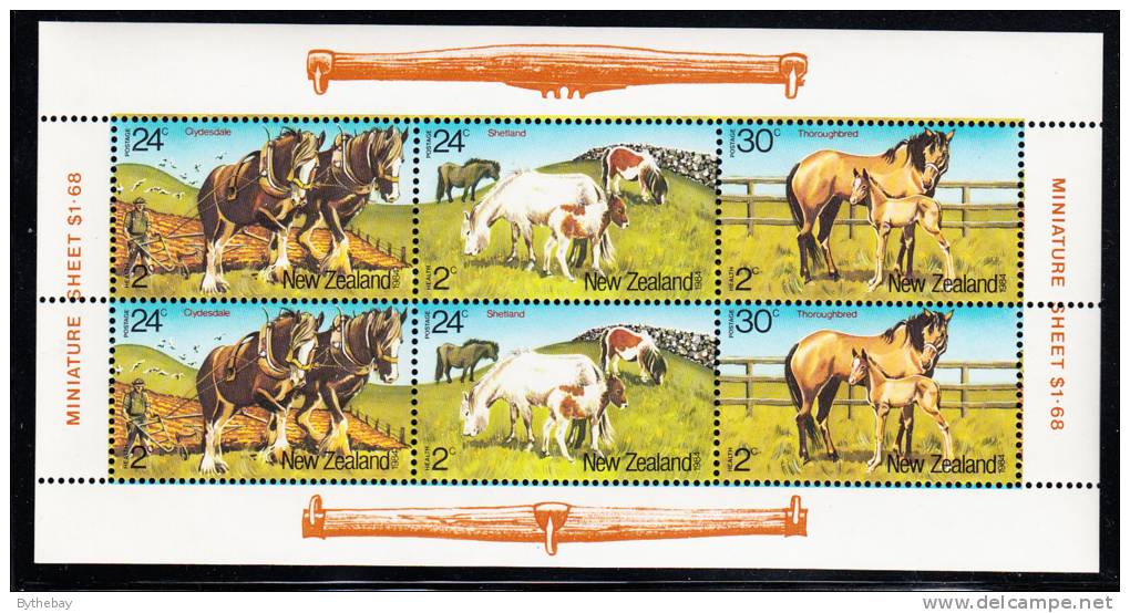 New Zealand Scott #B120a MNH Miniature Sheet Of 6 Health Stamps - Clydesdale, Shetland, Thoroughbred Horses - Neufs