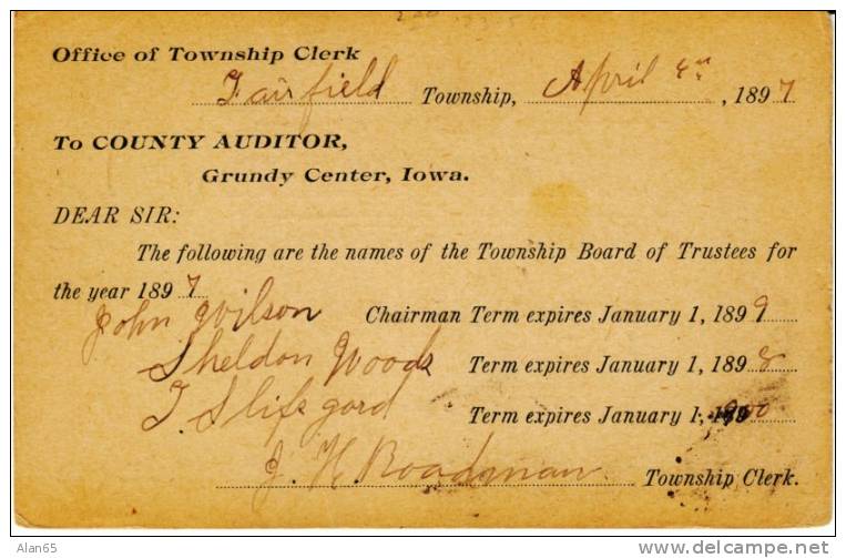 Fairfield IA Iowa, Political List Township Board Of Trustees List Of Candidates To Grundy County C1890s Vintage Postcard - Sonstige & Ohne Zuordnung