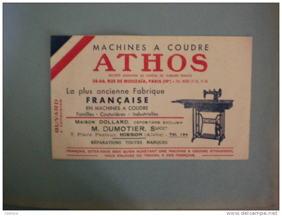 02 HIRSON BUVARD MAISON DOLLARD M.DUMORTIER 7 PLACE PASTEUR MACHINES A COUDRE ATHOS A HIRSON - Publicités