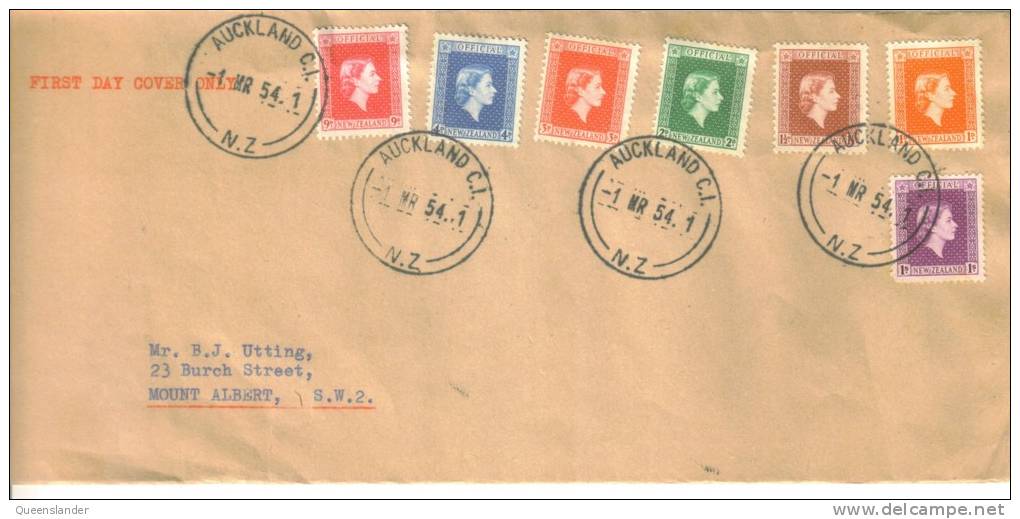 1954 FDC  New Zealand Official  Issue Short  Set Of 7 To 1 Shilling 1st March1954  FDC - Other & Unclassified