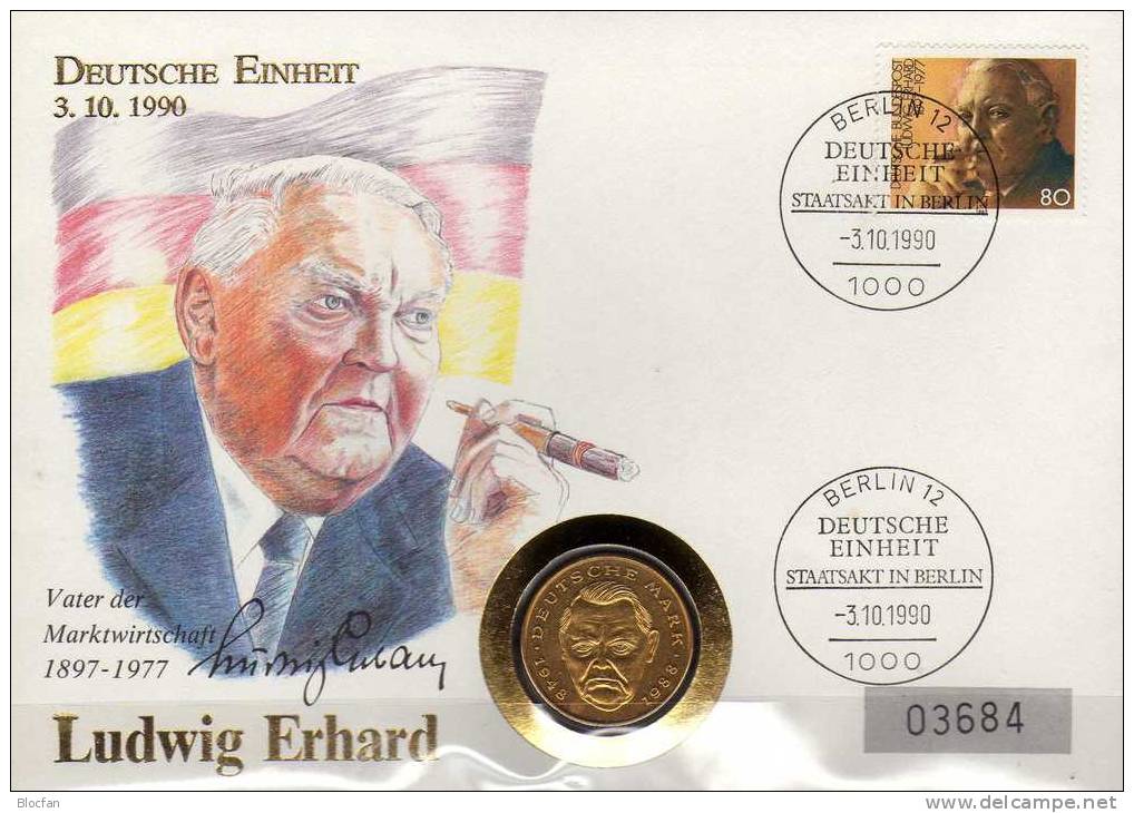 Numisbrief Deutsche Einheit 1990 Numisletter Bundesbank 2DM In Gold Plus BRD 1308 O 23€ Porträt Erhard Cover Of Germany - 2 Marcos