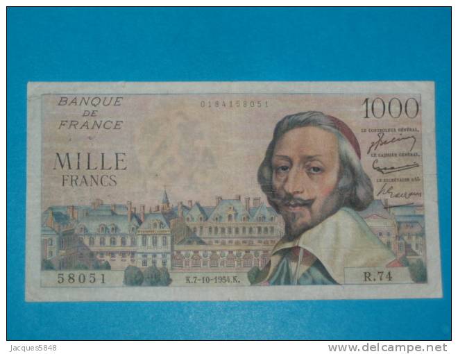 1000 Fr Richelieu Type 1953 Du 7-10-1954 - TB +   N° 58051 - R. 74  - épinglages - Plis - 3 PETITES COUPES - 1 000 F 1953-1957 ''Richelieu''