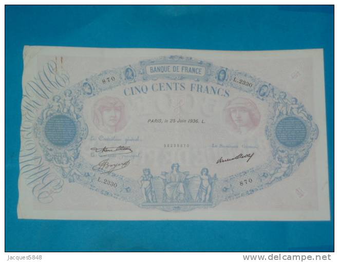 500 Fr Bleu Et Rose Type 1888 Du 25 JUIN 1936 - TTB+ N° 870 - L. 2330 -  épinglages -  Plis - Petite Coupe En Haut - 500 F 1888-1940 ''Bleu Et Rose''