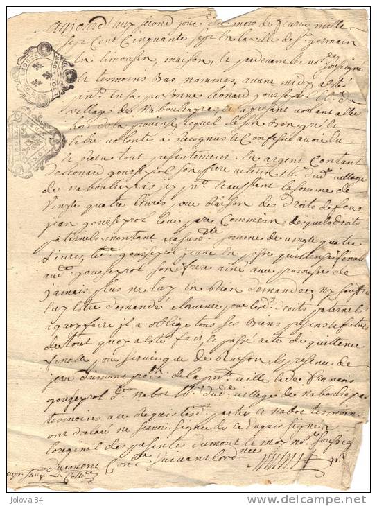 Double Cachet Généralité Fleur De Lys  LIMOGES 1 Sol 3 Deniers - 2 Février  1757 - Cachets Généralité