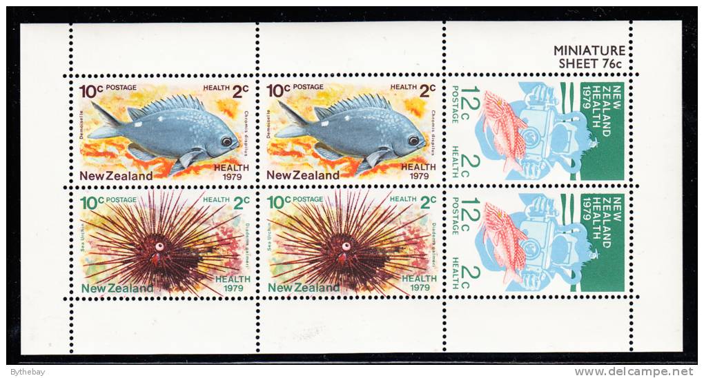 New Zealand Scott #B105a MNH Miniature Sheet Of 6 Health Stamps - Demoiselle Fish, Sea Urchin, Diver And Red Mullet - Plongée