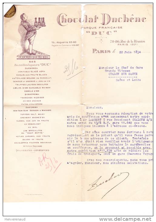 Paix N°283 Sur Lettre "chocolat Duchêne" à Paris,  Pour Chalon-sur-Saône - 1932-39 Vrede