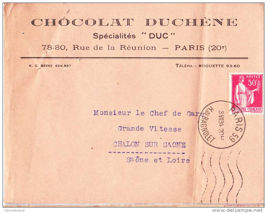 Paix N°283 Sur Lettre "chocolat Duchêne" à Paris,  Pour Chalon-sur-Saône - 1932-39 Peace