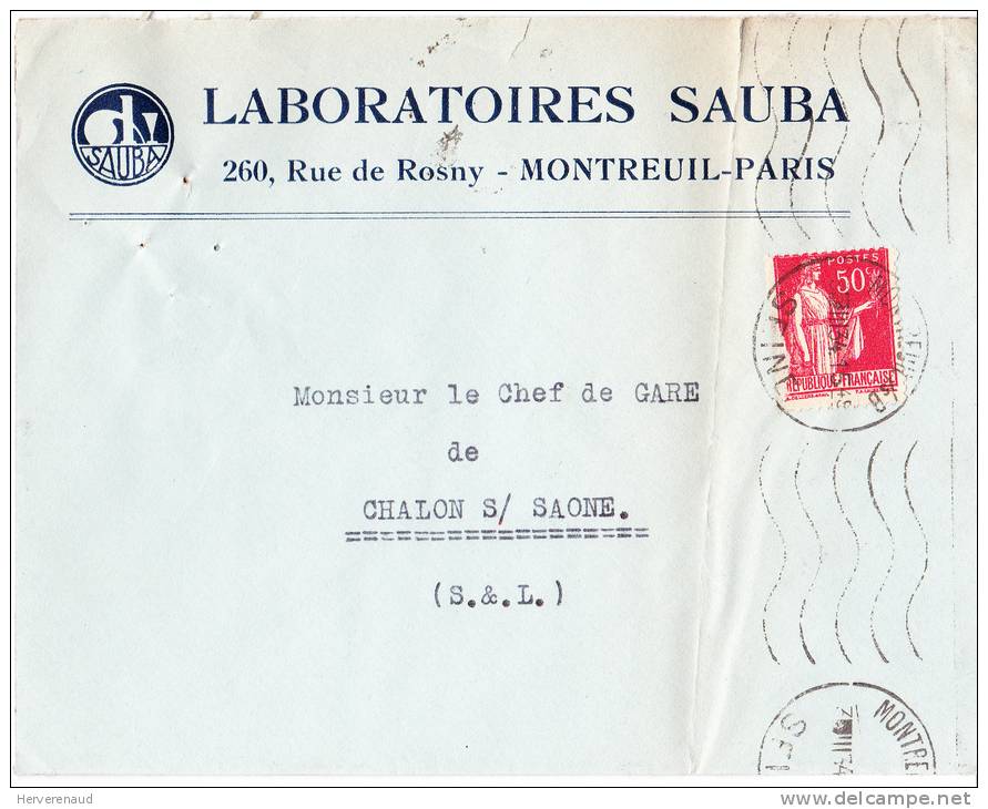 Paix N°283 Sur Lettre "laboratoires Sauba" à Montreuil,  Pour Chalon-sur-Saône - 1932-39 Vrede