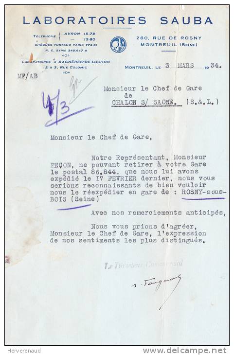 Paix N°283 Sur Lettre "laboratoires Sauba" à Montreuil,  Pour Chalon-sur-Saône - 1932-39 Peace