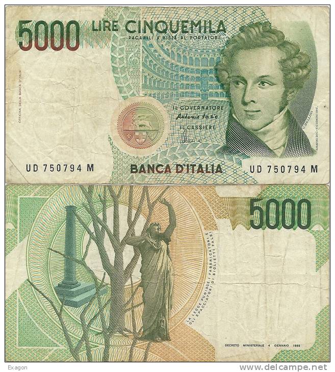 5.000  LIRE - VINCENZO  BELLINI  - Anno 1996   -  D.M. 3  Genn.1985  -  Firme: FAZIO / AMICI. - 5000 Lire