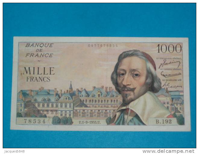 1000 Fr Richelieu Type 1953 Du 1-9-1955 - TTB+  - N° 78534  - B. 192 -  épinglages -  Plis - Pas De Coupure - 1 000 F 1953-1957 ''Richelieu''