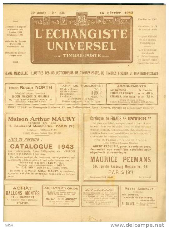 L'échangiste Universel Et Le Timbre Poste Réuni , N°536 - 15 Fevrier 1943 - Car6304 - Français (àpd. 1941)