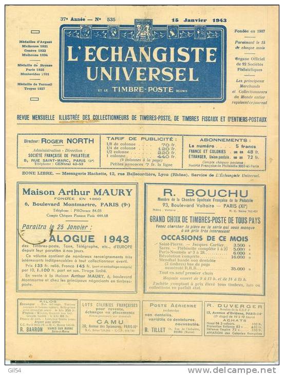 L'echangiste Universel Et Le Timbre Poste  N° 535 15 JANVIER 1943  - Car6307 - Français (àpd. 1941)
