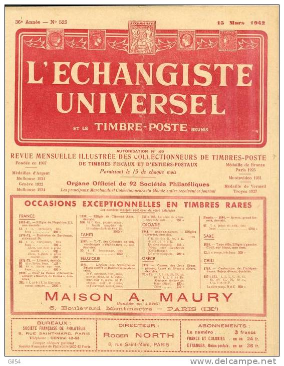 L'echangiste Universel Et Le Timbre Poste  N° 525 -  15  Mars   1942  - Car6317 - Französisch (ab 1941)