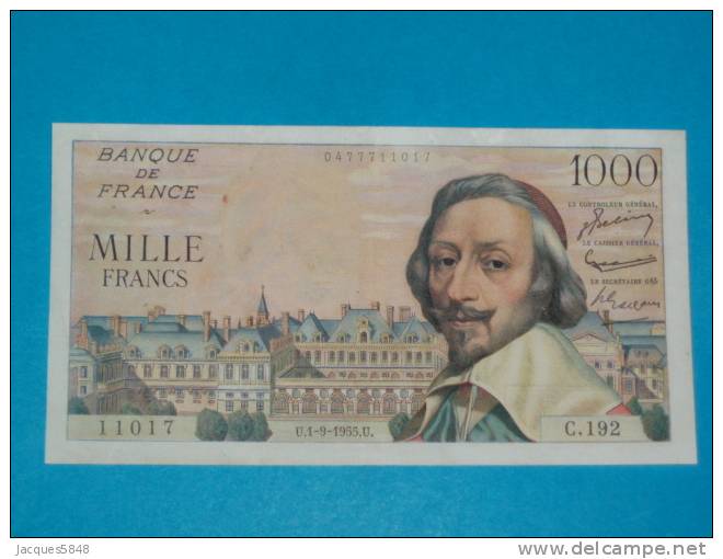 1000 Fr Richelieu Type 1953 Du 1-9-1955 - TTB+  - N° 11017  - C. 192 -  1 épinglages 3 Trous -  Plis - Pas De Coupure - 1 000 F 1953-1957 ''Richelieu''