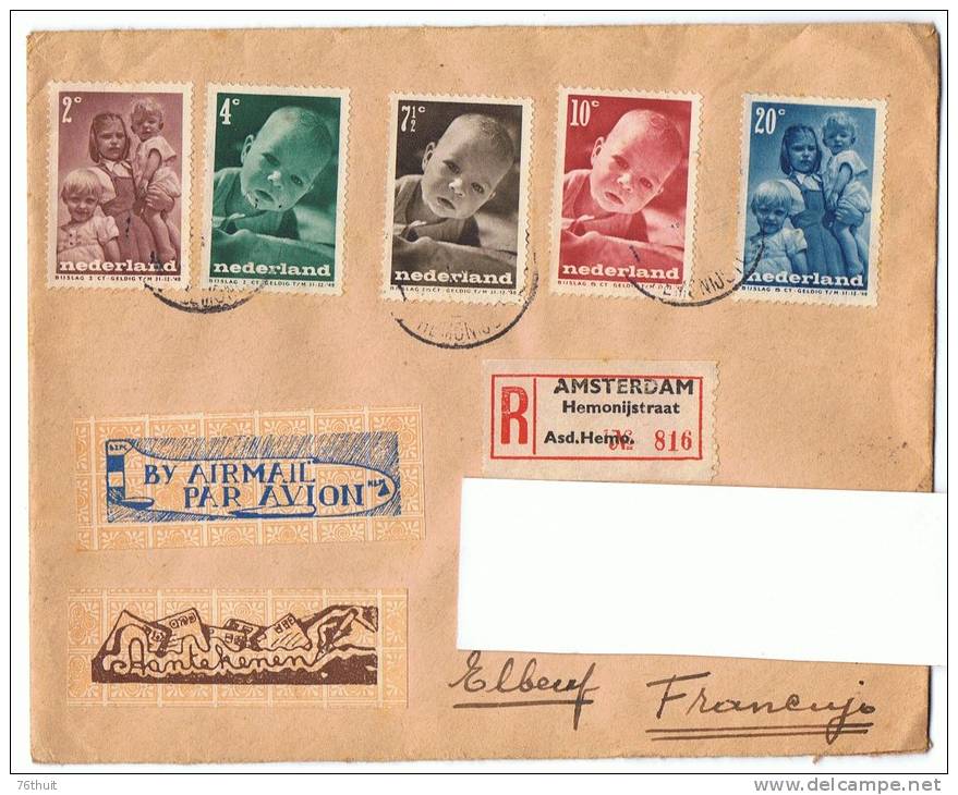 Rare !  1947 -Enveloppe-NEDERLAND PAYS BAS-Pour L ´enfance - Espéranto + Recommandé +Poste Aérienne +Y. & T. N°483 à 487 - Esperanto