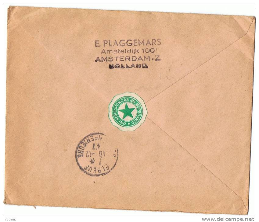 Rare !  1947 -Enveloppe-NEDERLAND PAYS BAS-Pour L ´enfance - Espéranto + Recommandé +Poste Aérienne +Y. & T. N°483 à 487 - Esperanto