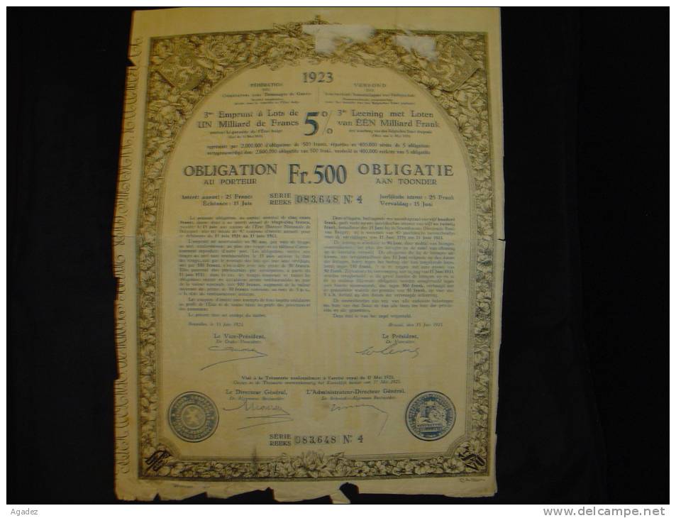 Obligation De 500F Emprunt à Lots Bruxelles 1923 Litho De Jean Malvaux. - Banco & Caja De Ahorros