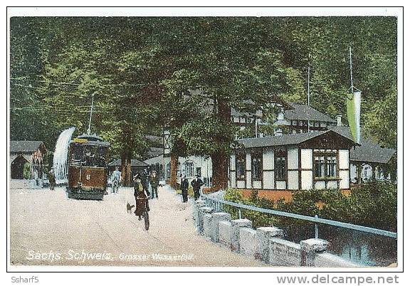 Sachs Schweiz Grosser Wasserfall Mit Strassenbahn Farbig C. 1908 - Kirnitzschtal