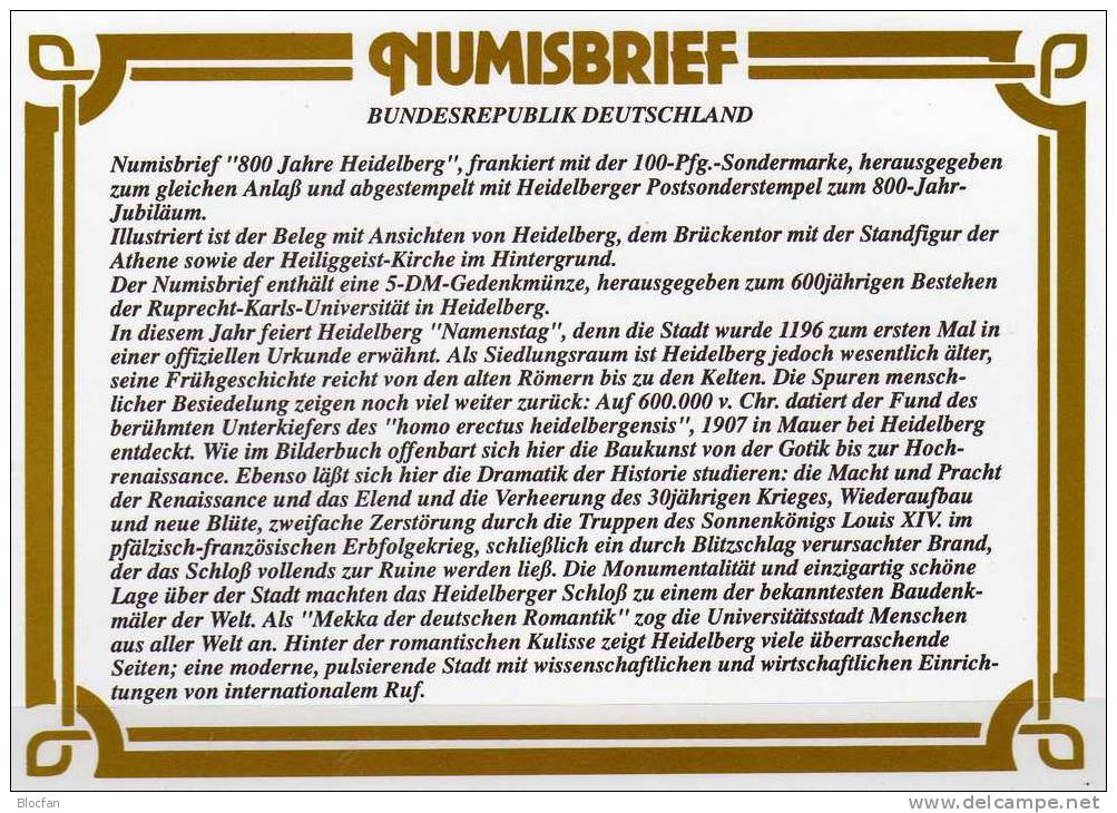 Numisbrief Heidelberg 1986 Numisletter Bundesbank 5DM Plus BRD 1868 O 21€ Stadtbild Schloß Architectur Cover Of Germany - 5 Marcos