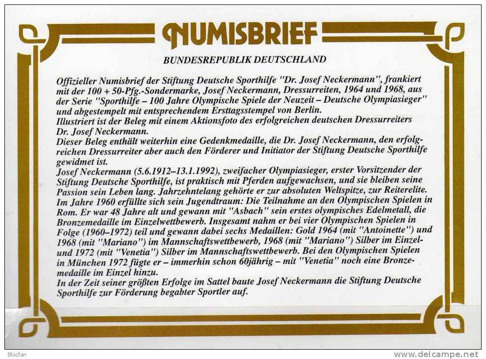 Numisbrief Olympiade 1996 Numisletter Sporthilfe Medaille Plus BRD 1862 O 27€ Dressur-Reiten Olympic Cover Of Germany - Zomer 1996: Atlanta