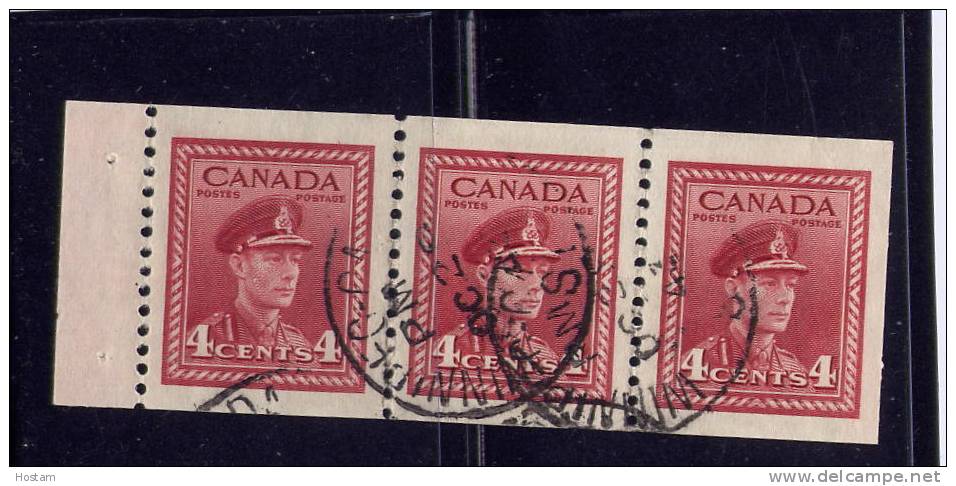 CANADA #254b, King Georges VI-  1942-43,  Pane Of 3 Stamps Fine   Used - Oblitérés