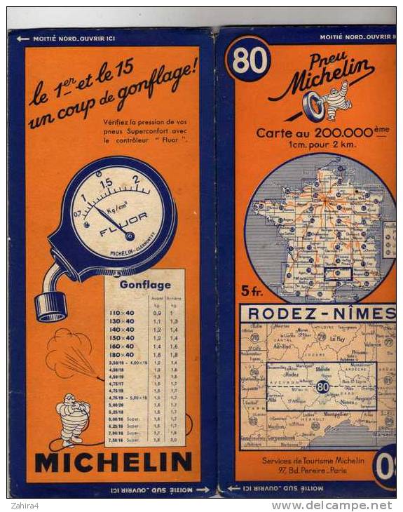 MICHELIN  N° 80 -Rodez - Nimes - 126-3735 -Le 1er Et Le 15 Coup De Gonflage FLUOR - Strassenkarten