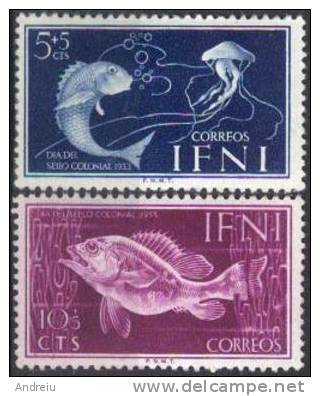 1953 Ifni  Fish Marine Life Poissons  Yvert 73/74  PESCI MEDUSA JELLYFISH MH - Ifni