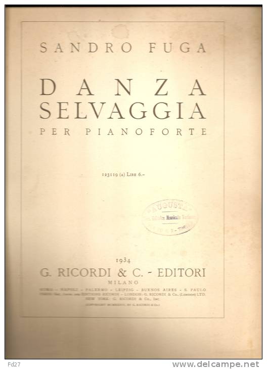 PARTITION DE SANDRO FUGA: DANZA SELVAGGIA - PER PIANOFORTE - D-F