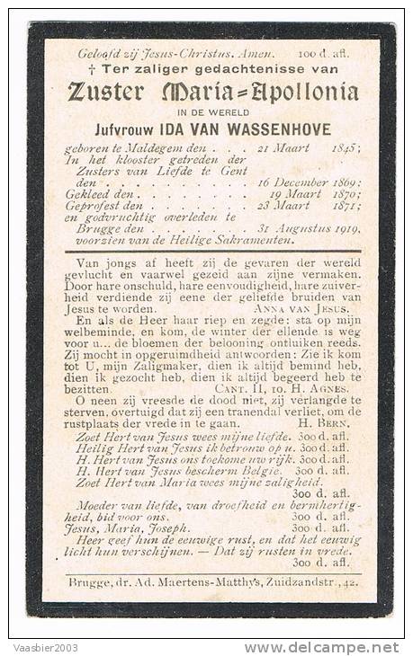 MALDEGEM - GENT - BRUGGE  ,doodsprentje Zuster MARIA-APOLLONIA (Ida VAN WASSENHOVE)  + 1919 - Documents Historiques