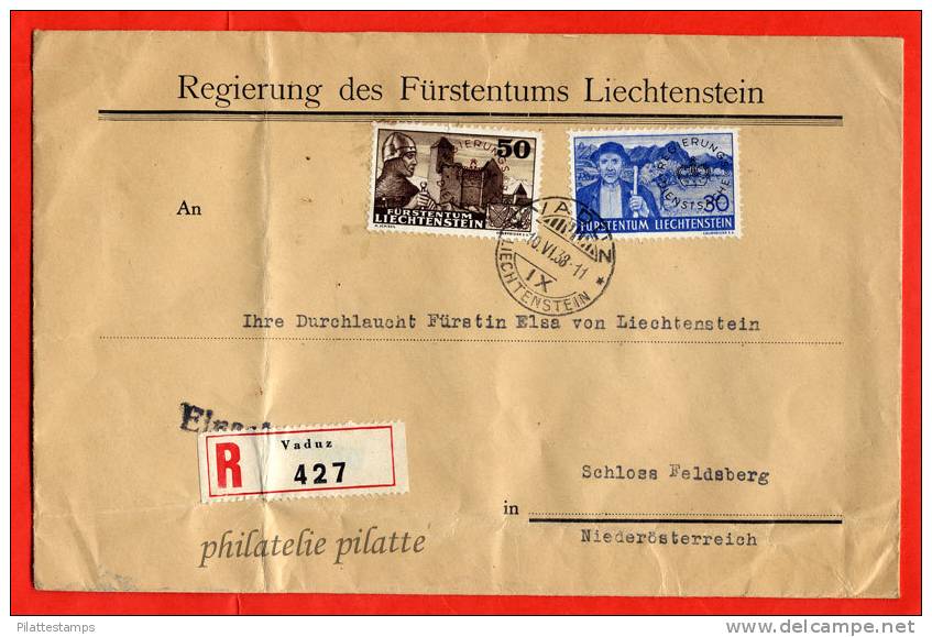 LIECHTENSTEIN LETTRE OFFICIELLE RECOMMANDEE DE 1938 DE VADUZ POUR SCHLOSS FELDSBERG AUTRICHE PLIS D'ARCHIVE COVER - Máquinas Franqueo (EMA)