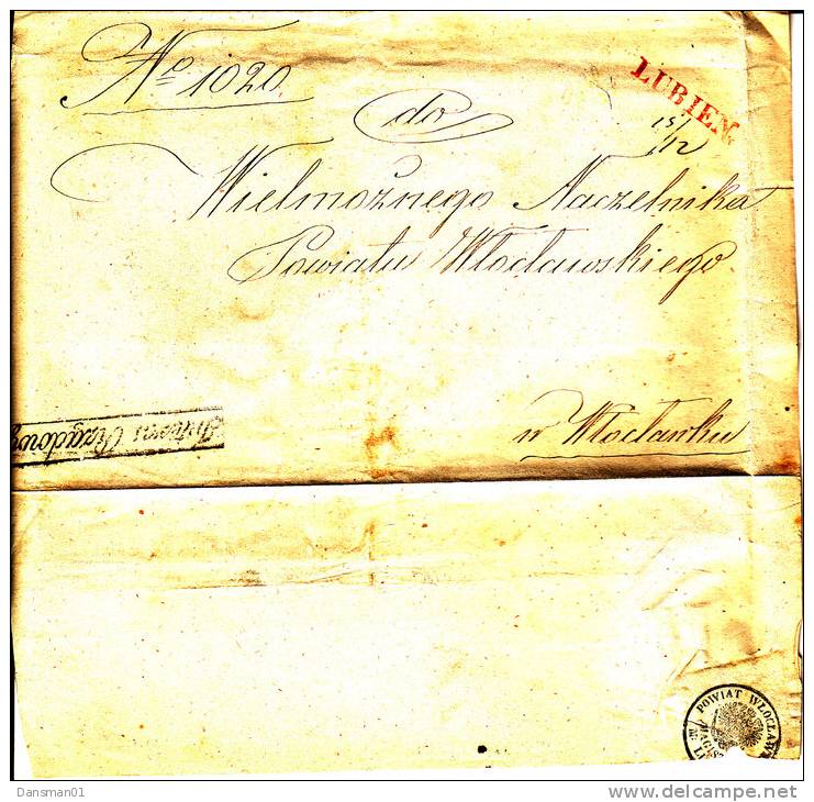 POLAND Prephilatelic Cover LUBIEN 1844 In Red To Wloclawec Boxed IR - ...-1860 Prefilatelia