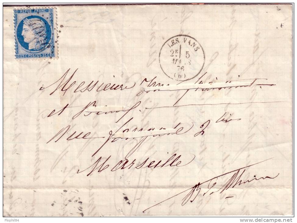 ARDECHE-LES VANS-N°60 OBLITERATION GC4096 + CACHET A DATE TYPE 16 DU 5 MARS 1876 - ADRESSE DECOUPE. - 1849-1876: Classic Period