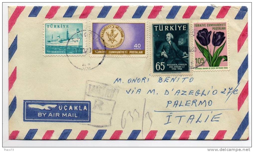 TURCHIA  /  ITALIA  - Cover_ Lettera   5 + 40 + 65 + 105  -  AIR MAIL 1960 - Lettres & Documents