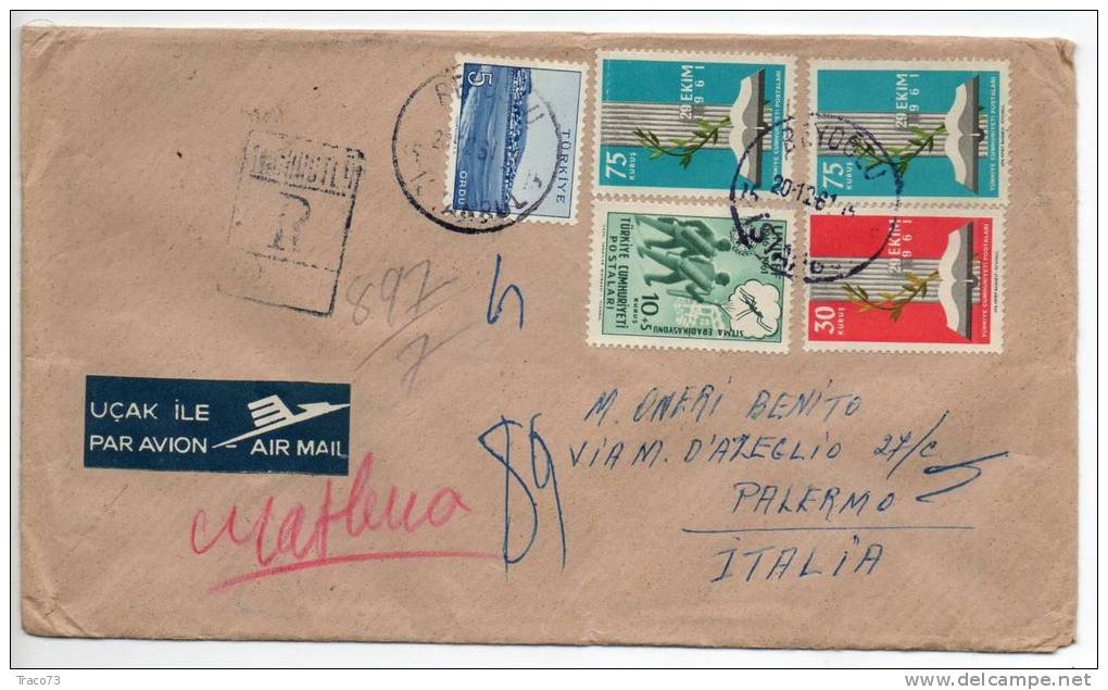 TURCHIA  /  ITALIA  - Cover_ Lettera   5 + 75 X 2 + 10 + 30  -  AIR MAIL 1961 - Briefe U. Dokumente