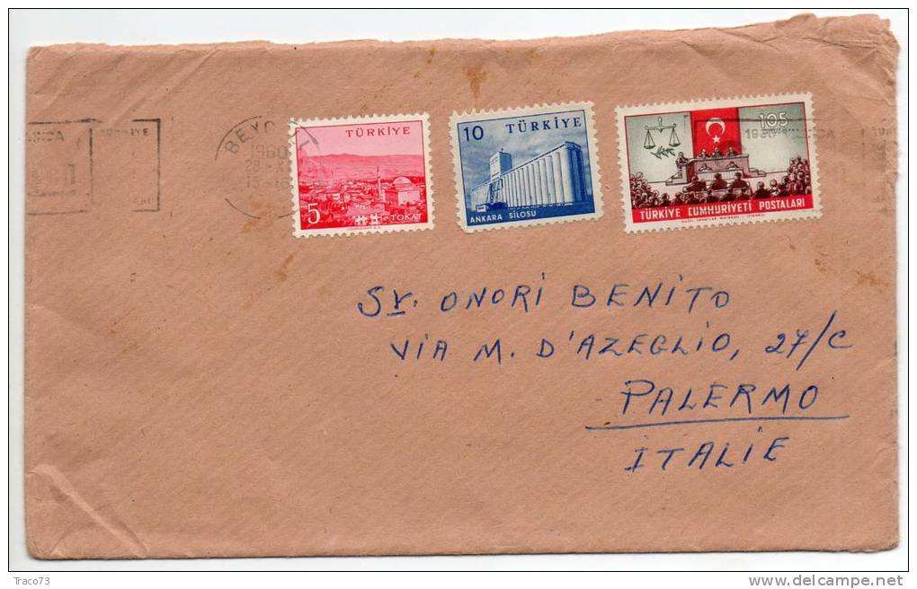 TURCHIA  /  ITALIA  - Cover_ Lettera    5 + 10 + 105  -  AIR MAIL 1960 - Covers & Documents