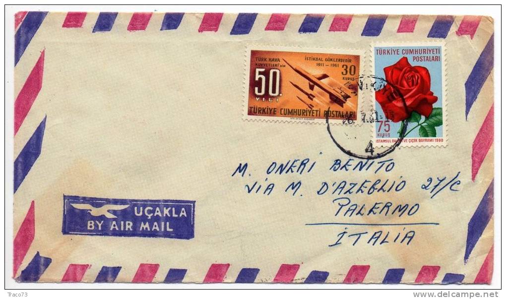 TURCHIA  /  ITALIA  - Cover_ Lettera    30 + 75  -  AIR MAIL 1961 - Briefe U. Dokumente