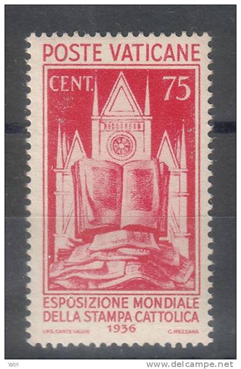 Vaticano - 75 C. Carminio MLH * - Esposizione Mondiale Della Stampa Cattolica - 1936 - Sass. 51 - Neufs