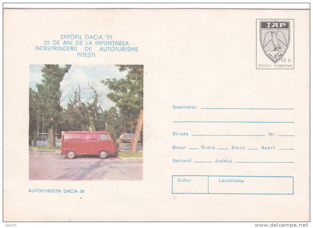 DACIA TYPE AUTOFURGON 1977,COVER STATIONERY,ENTIERS POSTAL,UNUSED,ROMANIA. - Trucks