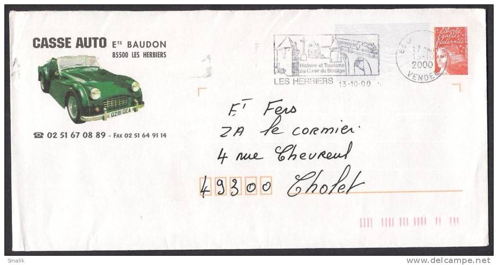 FRANCE Postal Stationery Cover With Slogan Postmark Les Herbiers, Motor Car, 13-10-2000 - 1961-....