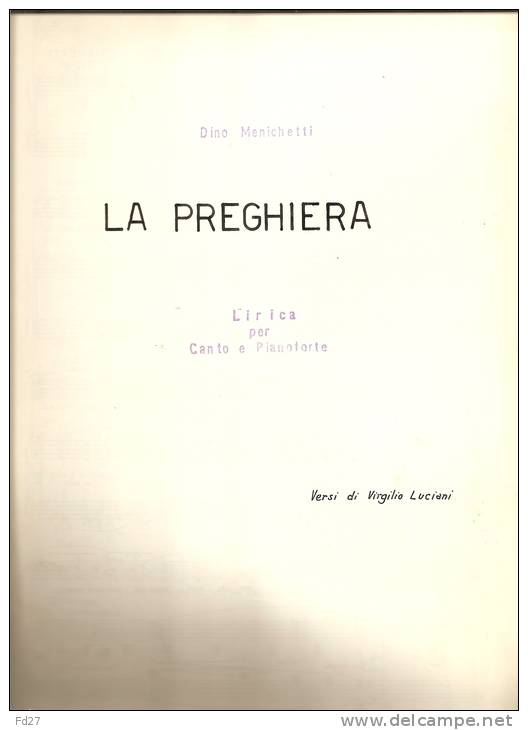 PARTITION DE DINO MENICHETTI:  LA PREGHIERA - LIRICA PER CANTO E PIANOFORTE - M-O