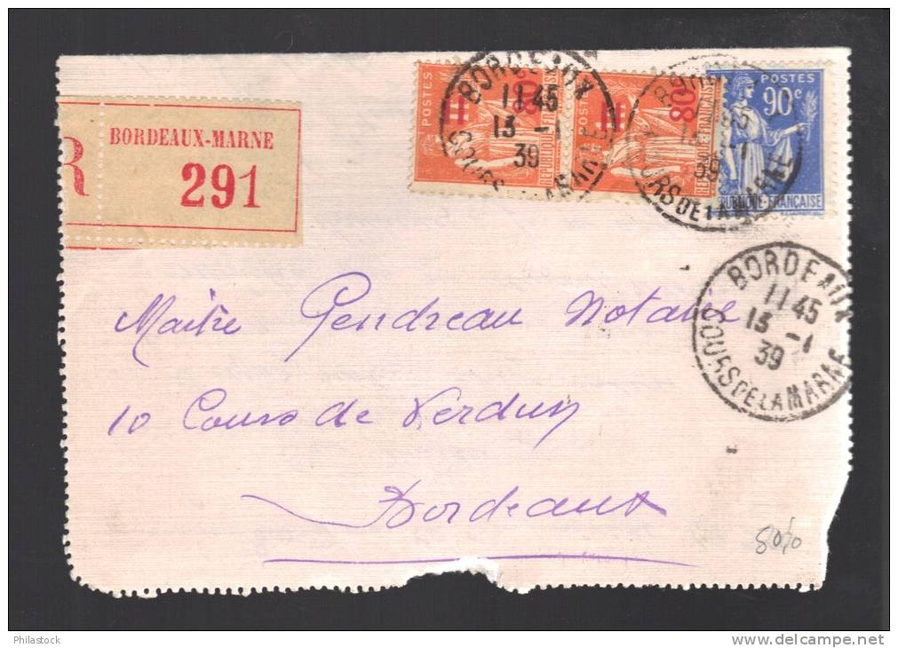 FRANCE 1939 N° Usages Courants Obl. S/lettre Entiére Recommandée - 1932-39 Vrede