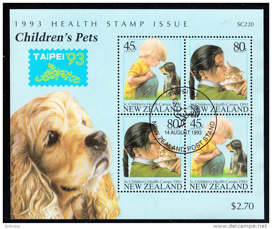 New Zealand Scott #B144b Used Souvenir Sheet Of 4 Health Stamps - Boy And Puppy, Girl With Kitten TAIPEI '93 - Gebraucht