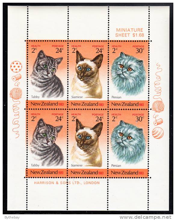 New Zealand Scott #B117a MNH Miniature Sheet Of 6 Health Stamps - Tabby, Siamese, Persian Cats - Ungebraucht