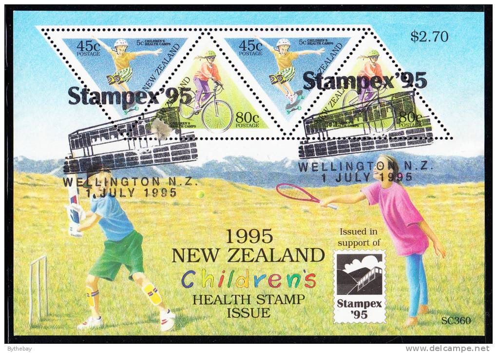 New Zealand Scott #B150b Used Souvenir Sheet Of 4 Health Stamps - Boy Skateboarding, Girl Cycling STAMPEX '95 - Gebraucht