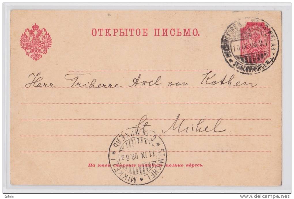 FINLANDE SUOMI ENTIER POSTAL POSTAL STATIONERY TO SAINT MICHEL MIKKELI 1908 - Postal Stationery